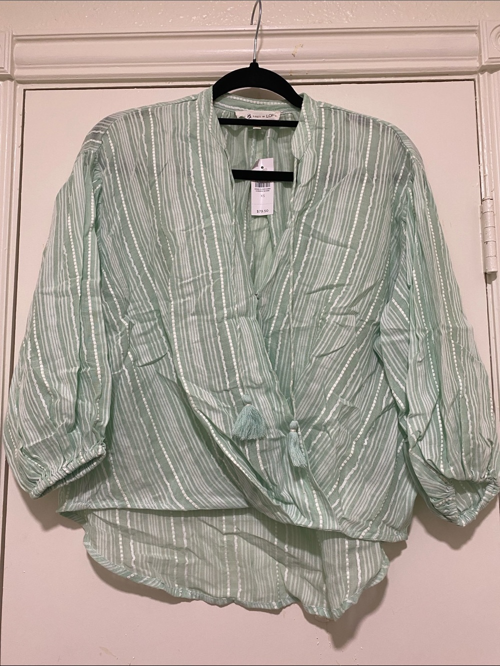 Lou & Grey Light Mint Striped Tassel V-Neck Blouse